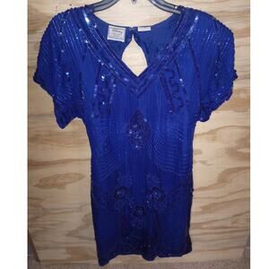 Women's Stenay Beaded Blue Dress VTG Cocktail Glam Retro Formal 8 Silk